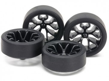 ミニ四駆 グレードアップパーツ No.542 スーパーハード小径ローハイトタイヤ (26mm) & カーボン強化ホイール (Yスポーク) タミヤ, TAM55422, by タミヤ